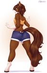  2016 anthro brown_fur brown_hair bulge butt clothed clothing crop_top earth_pony english_text equine fur girly green_eyes hair hi_res hooves horse long_hair looking_at_viewer looking_back male mammal mleonheart my_little_pony open_mouth pink_background pony raised_tail rear_view shirt shorts simple_background teeth text tongue watermark white_background white_fur 