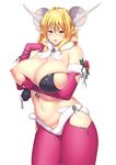  blonde_hair breasts breath covered_nipples deep_skin elbow_gloves flower fur_trim gloves hakai_shin highres horns huge_breasts looking_at_viewer nipples one_breast_out original pants parted_lips pointy_ears puffy_nipples pussy_juice pussy_juice_drip_through_clothes smirk solo 