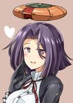  alternate_headgear asshimar black_gloves blush breasts buttons commentary_request gloves gundam hair_intakes hand_on_own_face heart highres kamelie kantai_collection large_breasts long_sleeves looking_at_viewer open_mouth purple_eyes purple_hair school_uniform short_hair simple_background smile solo tatsuta_(kantai_collection) zeta_gundam 