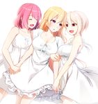  arato_hisako blonde_hair bob_cut breasts closed_eyes cousins dress happy holding_hands large_breasts long_hair multiple_girls nakiri_alice nakiri_erina open_mouth pink_hair purple_eyes red_eyes saitou_kazu shokugeki_no_souma short_hair white_dress white_hair 