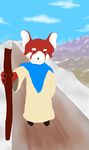  2016 absurd_res ambiguous_gender anthro black_nose brown_eyes clothed clothing cloud day detailed_background digital_media_(artwork) fur hair hi_res hood looking_at_viewer male mammal monk mountain multicolored_fur olorin outside red_fur red_panda robe short short_hair sky solo staff two_tone_fur walking white_fur 