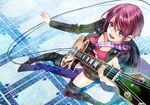  aoi_fuuka belt_boots black_footwear black_legwear boots breasts brown_hair electric_guitar fuuka guitar instrument large_breasts leather leather_boots les_paul looking_at_viewer microphone official_art open_mouth purple_eyes seo_kouji short_hair smile solo standing thigh_boots thighhighs 