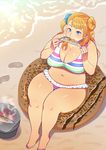  1girl bare_arms bare_legs bare_shoulders barefoot beach belly bikini blonde_hair blue_eyes blush breasts cleavage cooking eating fat feet fish food gyaru-ko holding huge_breasts innertube legs long_hair nail_polish navel ocean oshiete!_gyaru-ko-chan pink_nails plump sand side_bun side_ponytail sitting solo tetrodotoxin thick_thighs thighs toes water wide_hips 