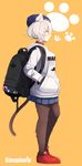  animal_ears backpack bag blue_skirt cat_ears cat_tail clothes_writing from_side full_body fur hands_in_pockets highres hood hood_down hoodie long_sleeves miniskirt original paw_print plan_(planhaplalan) pleated_skirt profile red_eyes red_footwear shoes short_hair skirt sneakers solo standing tail 
