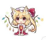  :d animal_ears ascot blonde_hair blush cat_ears cat_tail fang flandre_scarlet hair_between_eyes hat hat_ribbon looking_at_viewer mob_cap open_mouth puffy_short_sleeves puffy_sleeves red_eyes ribbon short_sleeves side_ponytail simple_background sitting smile solo star tail touhou wariza white_background wings yada_(xxxadaman) 