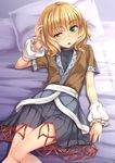  :o arm_up arm_warmers bangs blonde_hair eyebrows eyebrows_visible_through_hair green_eyes highres lying mizuhashi_parsee on_back on_bed petite pillow pleated_skirt pointy_ears short_sleeves skirt solo touhou usotsuki_penta 
