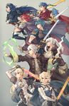  5boys armor blue_eyes blue_hair cape crown dual_persona falchion_(fire_emblem) female_my_unit_(fire_emblem:_kakusei) female_my_unit_(fire_emblem_if) fingerless_gloves fire_emblem fire_emblem:_akatsuki_no_megami fire_emblem:_fuuin_no_tsurugi fire_emblem:_kakusei fire_emblem:_monshou_no_nazo fire_emblem:_shin_monshou_no_nazo fire_emblem:_souen_no_kiseki fire_emblem_if gebyy-terar gloves headband highres holding holding_sword holding_weapon ike long_hair lucina magic male_my_unit_(fire_emblem:_kakusei) male_my_unit_(fire_emblem_if) marth multiple_boys multiple_girls my_unit_(fire_emblem:_kakusei) my_unit_(fire_emblem_if) pauldrons ragnell red_hair roy_(fire_emblem) super_smash_bros. sword weapon white_hair 