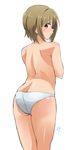  ass back brown_eyes brown_hair from_behind idolmaster idolmaster_cinderella_girls looking_back mimura_kanako panties pout profile shift_(waage) short_hair simple_background solo topless underwear white_background 