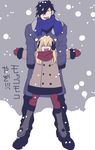  bad_id bad_pixiv_id blonde_hair boots closed_eyes coat double-breasted eyepatch highres hohehohe long_hair male_focus midare_toushirou mittens multiple_boys open_mouth otoko_no_ko outdoors pantyhose scarf shokudaikiri_mitsutada short_hair snow snowing touken_ranbu winter 