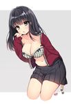  black_eyes black_hair blush bow bra breasts byulzzimon chestnut_mouth cleavage highres large_breasts long_hair looking_at_viewer mole mole_on_breast mole_under_eye navel open_clothes open_mouth open_shirt original plaid plaid_bra shirt solo underwear 