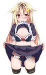  black_serafuku blonde_hair blue_bra blue_panties blush bow bow_bra bow_panties bra breasts brown_eyes cleavage clothes_lift hair_flaps hair_ornament hairclip highres kantai_collection large_breasts long_hair looking_at_viewer midriff mouth_hold mtu_(orewamuzituda) panties pleated_skirt polka_dot polka_dot_bra polka_dot_panties remodel_(kantai_collection) scarf school_uniform serafuku simple_background skirt skirt_lift solo underwear white_background yuudachi_(kantai_collection) 