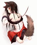  animal_ears ass bad_id bad_pixiv_id bare_shoulders barefoot bent_over breasts brown_eyes brown_hair collar downblouse efe fang full_body hanging_breasts imaizumi_kagerou large_breasts leash long_hair long_sleeves looking_at_viewer looking_back no_bra no_panties off_shoulder open_mouth seiza shirt sideboob simple_background sitting skirt solo tail touhou very_long_hair white_background wide_sleeves wolf_ears wolf_tail 