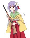  flower gun hair_flower hair_ornament hakama hieda_no_akyuu holding holding_gun holding_weapon japanese_clothes open_mouth purple_hair red_hakama rifle shiroshi_(denpa_eshidan) solo touhou weapon wide_sleeves yandere 