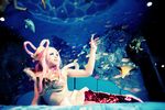  1girl ajo aquarium beads bed bikini_top cosplay fish midriff one_piece photo pink_hair ribbon sequins shirahoshi shirahoshi_(cosplay) sitting 