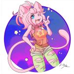  anthro anthrofied big_breasts blue_eyes breasts cleavage clothed clothing digital_media_(artwork) female hair hamsteroftime legendary_pok&eacute;mon looking_at_viewer mammal mew nintendo one_eye_closed open_mouth pink_hair pok&eacute;mon pok&eacute;mon_(species) pok&eacute;morph risa_(hamsteroftime) shirt shorts simple_background smile solo tank_top translucent transparent_clothing video_games wink 