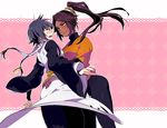  amiya black_hair bleach blush dark_skin high_ponytail long_hair multiple_girls naughty_face open_mouth ponytail purple_hair shihouin_yoruichi short_hair_with_long_locks sui-feng yellow_eyes yuri 