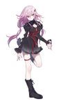  absurdres boots breasts cleavage commentary_request full_body guilty_crown hair_ornament hairclip highres leg_up long_hair looking_at_viewer maruchi pink_hair red_eyes skirt small_breasts solo standing standing_on_one_leg twintails yuzuriha_inori 