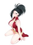  ankle_boots bare_shoulders black_hair boku_no_hero_academia boots breasts cleavage expressionless hair_over_one_eye highres large_breasts long_hair looking_at_viewer navel ponytail red_footwear saran seiza sitting solo thighs yaoyorozu_momo 