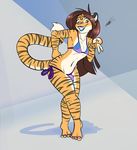  bagelcollector bikini brown_hair bulge clothed clothing colored_nails crossdressing feline flat_chested girly hair hi_res lipstick long_hair looking_at_viewer male mammal piercing smile solo swimsuit tiger wide_hips 