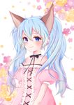  animal_ears bare_shoulders blue_eyes blue_hair dog_ears dress elin_(tera) enepuni long_hair pink_dress smile solo tera_online twintails upper_body white_background 