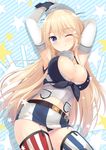  ;) armpits arms_up bare_shoulders belt belt_buckle blonde_hair blue_eyes blush breasts buckle cleavage elbow_gloves fingerless_gloves front-tie_top garter_straps gloves headgear highres iowa_(kantai_collection) kantai_collection large_breasts long_hair looking_at_viewer miniskirt mismatched_legwear navel one_eye_closed panties pantyshot skirt smile solo star star-shaped_pupils striped striped_legwear symbol-shaped_pupils thighhighs tomoo_(tomo) underwear vertical-striped_legwear vertical-striped_skirt vertical_stripes 