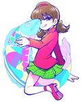  :q brown_eyes brown_hair fish glowing green_skirt hair_ribbon hairband looking_at_viewer low_twintails osomatsu-kun osomatsu-san plaid plaid_skirt ribbon short_twintails skirt smirk solo tongue tongue_out tsubuta_hiro turtleneck twintails yowai_totoko 