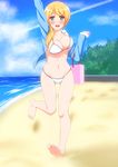  absurdres arm_up bad_anatomy bag barefoot beach bikini blonde_hair blush bouncing_breasts breasts cloud collarbone condensation_trail day ellen_baker feet green_eyes highres jacket jacket_over_swimsuit large_breasts long_hair navel new_horizon ocean open_mouth outdoors pigeon-toed ponytail running scrunchie shirouzu_myuuta shopping_bag sky smile soles solo strap_gap swimsuit teacher tree water waving white_bikini 