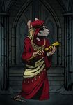  adventurer anthro buckteeth clothed clothing dark darkest_dungeon ear_piercing eye_patch eyewear female hassana inside mammal piercing portrait rat reddyeno5 robe rodent solo teeth telescope window 