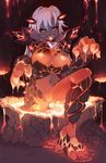  :p black_sclera breasts commentary framed_breasts golem grey_hair grey_skin highres large_breasts lava_golem_(monster_girl_encyclopedia) molten_rock monster_girl monster_girl_encyclopedia rock rtil solo tongue tongue_out 