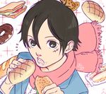 1boy 2016 alternate_costume blazer bread doughnut eating food looking_at_viewer male_focus monkey_d_luffy one_piece open_mouth package sandwich scar scarf solo 