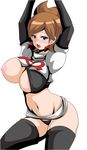  absurdres araragi_(pokemon) black_panties breasts brown_hair earrings green_eyes highres jewelry koutarosu large_breasts nipple_slip nipples panties pokemon pokemon_(game) pokemon_bw2 smile solo team_rocket_uniform underwear 