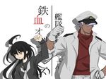  1girl admiral_(kantai_collection) admiral_(kantai_collection)_(cosplay) ahoge black_hair brown_eyes clenched_hand cosplay cowboy_shot crossover dark_skin dark_skinned_male expressionless gloves gundam gundam_tekketsu_no_orphans hat height_difference jacket kantai_collection long_hair long_sleeves mikazuki_(kantai_collection) namesake neckerchief open_clothes open_jacket orga_itsuka peaked_cap sailor_collar school_uniform serafuku shirt simple_background standing symmetrical_pose t-shirt text_focus tobizaru_(arkm08) very_long_hair white_background white_gloves 