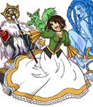  breasts brown_hair carbuncle_(final_fantasy) chocobo dress final_fantasy final_fantasy_x green_eyes hair_ornament horn ixion jewelry long_hair necklace shiva_(final_fantasy) short_hair yuna_(ff10) 