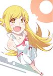  blonde_hair blush_stickers dress fang gesugesu_ahoaho long_hair monogatari_(series) nisemonogatari oshino_shinobu perspective solo yellow_eyes 