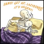  animated_skeleton bed bone dialogue english_text male male/male nude papyrus_(undertale) pillow sans_(undertale) simple_background skeleton text undead undertale unknown_artist video_games waking_up 