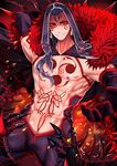  armor armpits black_armor blue_hair capelet chest_tattoo cowboy_shot cu_chulainn_alter_(fate/grand_order) earrings fate/grand_order fate_(series) gloves grin highres hood jewelry lancer long_hair looking_at_viewer male_focus red_eyes shei99 shirtless smile solo tail tattoo 