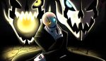  blue_eyes coat epic gasterblaster glowing glowing_eye glowing_eyes male_focus melodyscotch monster no_humans open_mouth skeleton smile solo undertale w.d._gaster yellow_eyes 