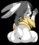  anthro black_background butt clothing cocampplus_(artist) cub eyes_closed female fur grey_hair hair lagomorph mae mammal paige rabbit rear_view simple_background sitting white_fur young 