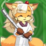  beauty_mark broom canine clothed clothing concon-collector eyes_closed female fox gun hair long_hair mammal official_art ranged_weapon smoke solo weapon 