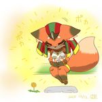  anthro beverage canine chibi concon-collector eyes_closed female flower food fox fur japanese_text mammal no3512 plant simple_background solar_fox_god_ra solo text 