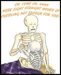  2016 animated_skeleton bedding blanket bone dialogue english_text hug male male/male nude papyrus_(undertale) sans_(undertale) simple_background skeleton text undead undertale unknown_artist video_games 