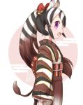  1girl adapted_costume black_hair bow brown_hair commentary_request extra_ears eyebrows_visible_through_hair fangs hair_bow japanese_clothes kemono_friends kimono long_hair long_sleeves multicolored_hair open_mouth ponytail purple_eyes quagga_(kemono_friends) quagga_ears quagga_tail sash solo striped tatsuno_newo white_hair 