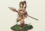  animal_costume ankle_wrap barefoot bound breasts brown_hair bunny_costume cleavage commentary_request dark_skin facial_mark faux_figurine green_eyes guang_li_zi highres league_of_legends long_hair medium_breasts navel nidalee polearm ponytail smile spear teemo tied_up tribal weapon yellow_eyes yordle 