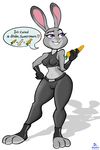  anthro camel_toe carrot clothed clothing dialogue dildo disney drunkengeneral english_text female food fur gloves grey_fur hand_on_hip hi_res judy_hopps lagomorph mammal penis purple_eyes pussy rabbit rubber sex_toy shiny simple_background smile speech_bubble standing text vegetable wide_hips zootopia 