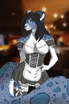  2014 anthro black_hair blue_eyes blue_fur breasts caprine cleavage clothed clothing feline female fur goat hair hand_on_hip horn hybrid legwear leopard looking_at_viewer maid_uniform mammal sein_kraft snow_leopard solo spots standing thigh_highs uniform valtik 