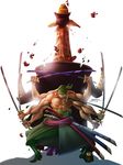  2boys enies_lobby fight giraffe green_hair haramaki hat kaku_(one_piece) male_focus mouth_hold multiple_arms multiple_boys one_piece roronoa_zoro sword triple_wielding weapon 