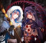  black_gloves blue_hair chest_tattoo claws cu_chulainn_(fate/grand_order) cu_chulainn_alter_(fate/grand_order) dual_persona earrings fate/grand_order fate_(series) fingerless_gloves gloves grin highres jewelry lancer long_hair looking_at_viewer male_focus mayuki_(ubiquitous) multiple_boys ponytail red_eyes sharp_teeth shirtless smile staff tattoo teeth upper_body 