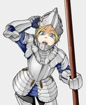  :d armor blonde_hair blue_eyes buckle contrapposto full_armor gauntlets grey_background haku_(pixiv134425) helmet lifting_mask looking_at_viewer nail_polish open_mouth original pauldrons polearm simple_background smile solo standing weapon 