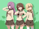  akata_itsuki blonde_hair braid brown_eyes brown_hair glasses hayama_teru highres long_hair multiple_girls nishikawa_youko odagiri_futaba open_mouth purple_eyes purple_hair sansha_san'you school_uniform serafuku short_hair skirt smile thighhighs twin_braids white_legwear 