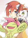  aiba_ami blue_eyes closed_eyes dated digimon digimon_story:_cyber_sleuth fang fangs gomamon green_eyes highres palmon red_hair shirt short_sidetail smile suguru_(suguru800590) t-shirt 